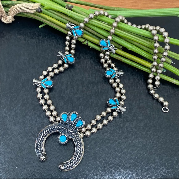 Vintage Faux Turquoise Silver-tone Ball Chain Squash Blossom Boho Necklace - Picture 1 of 12